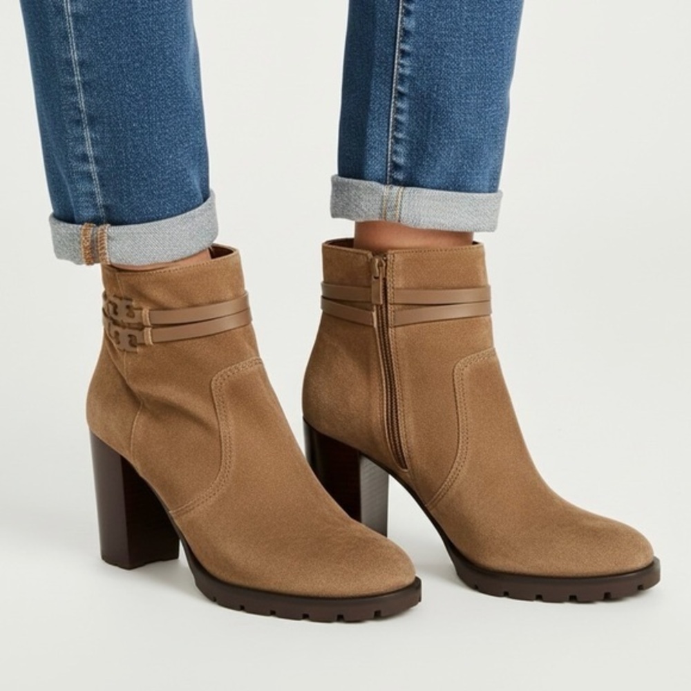 TORY BURCH Leigh 90mm Suede‎ Lug Sole Bootie Brown River Rock